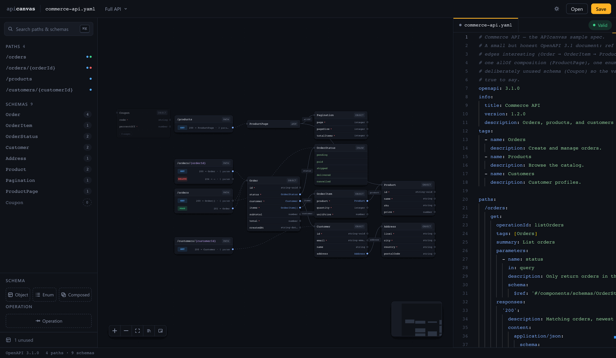 Renaming a schema on the canvas rewrites every $ref in the YAML pane; ⌘Z restores the file byte-identically